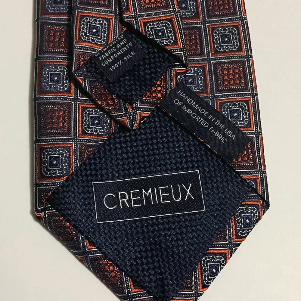 Cremieux Mens Silk Necktie Orange Navy Blue Geometric Medallion Handmade USA Tie